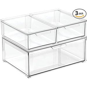 mDesign Plastic Stackable Closet Storage Organizer Bin Containers with Front Pull Drawer for Cabinet, Desk, Shelf, Cupboard, or Dresser Organization - Lumiere Collection - Set of 3 - Clear, Mixed Sizes (Pack of 3)