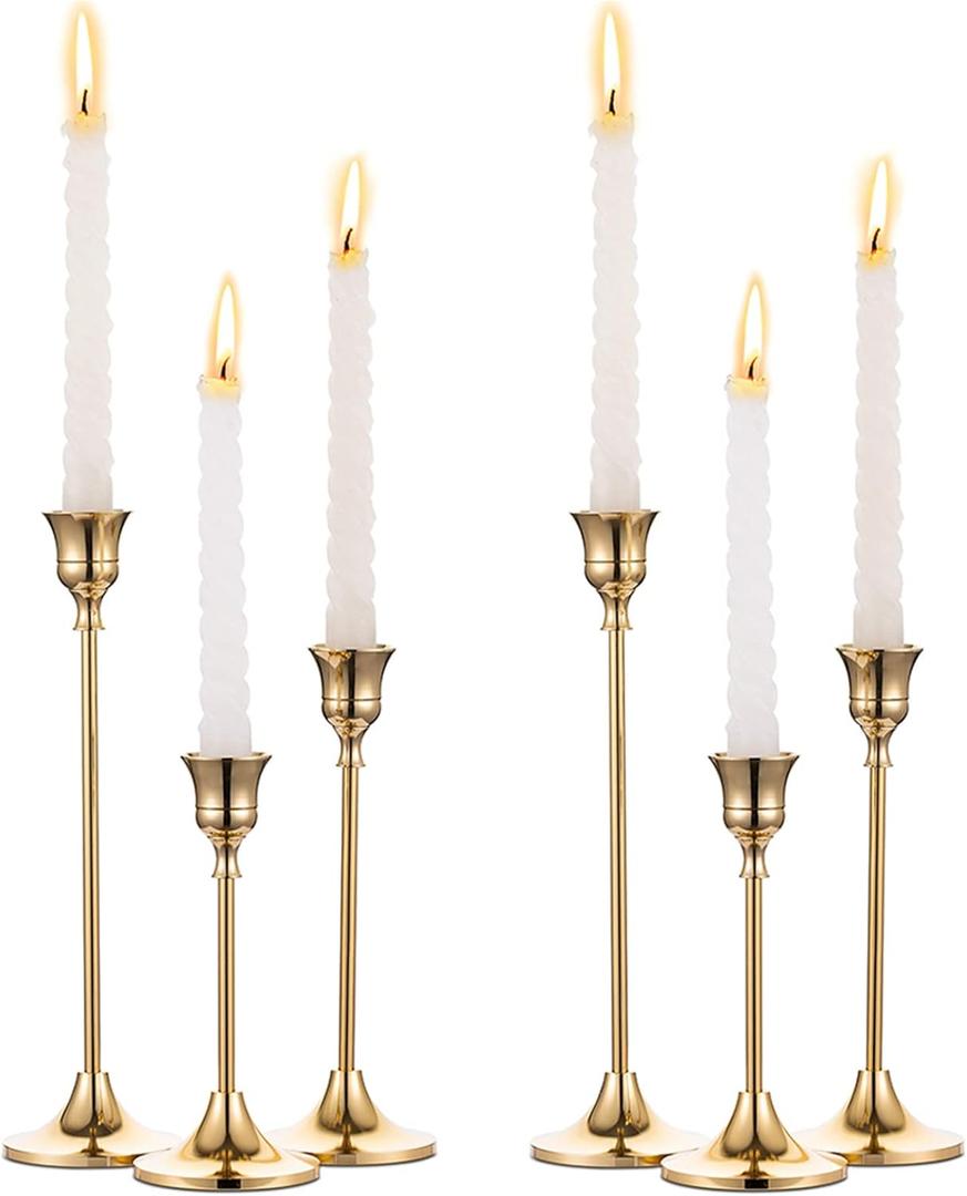 2 Sets (6 Pcs) Brass Gold Metal Taper Candle Holders Candlestick Holders, Vintage Modern Decorative Centerpiece Candlestick Holders for Table Mantel Wedding Housewarming Gift