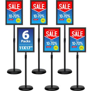 6Packs 11x17 Inch Adjustable Pedestal Poster Sign Stand, Heavy Duty Floor Standing Sign Holder Stand Aluminum Snap Open Frame for Vertical and Horizontal View Sign Displayed(Black)