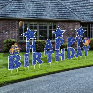 Jetec 18 Pieces Happy Birthday Yard Signs with Stakes, 16 Inches Birthday Outdoor Lawn Signs, Cake Balloon Patio Decorations, Garden Lawn Decorations for Party Outdoor Decor(Blue)