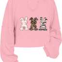 Women's Easter Bunny Sweatshirts Long Sleeve V Neck Cropped Cute Rabbit Shirts Graphic Tops (Pink, M)