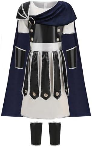HAPNBCELE Roman Soldier Costume for Boys, Kids Warrior Cosplay Medieval Knight Viking Gladiator Outfits Halloween Dress up Blue-black 10-11 Years Old