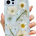for iPhone 12 Pro Max Clear Case with Pressed Real Flowers Design,Glitter Cute White Floral Pattern Slim Soft TPU Protective Women Girl's Phone Cover for iPhone 12 Pro Max