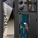 Vihibii for Samsung Galaxy S24 Ultra Case with Card Holder (4 Cards) & Slide Camera Cover & Kickstand, Shockproof Rugged Hard Back & TPU Soft Edge Wallet Case for Galaxy S24 Ultra 5G 6.8" 2024, Black