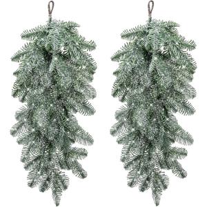 Watayo 2 Pcs Artificial Christmas Snow Teardrop Swag, 23" Faux Snow Flocked Norfolk Pine Teardrop Door Swag, White Frosted Real Touch Pine Wreath Staircase Swags for Xmas Door Mantle Fireplace Decor