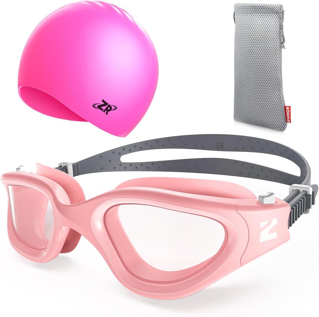 ZIONOR Kids Swim Goggles with Swim Cap, G1 MINI SE Anti-fog Swimming Goggles with Swimming Cap for Kids (A1pink Glear Lens+ Pink Cap)