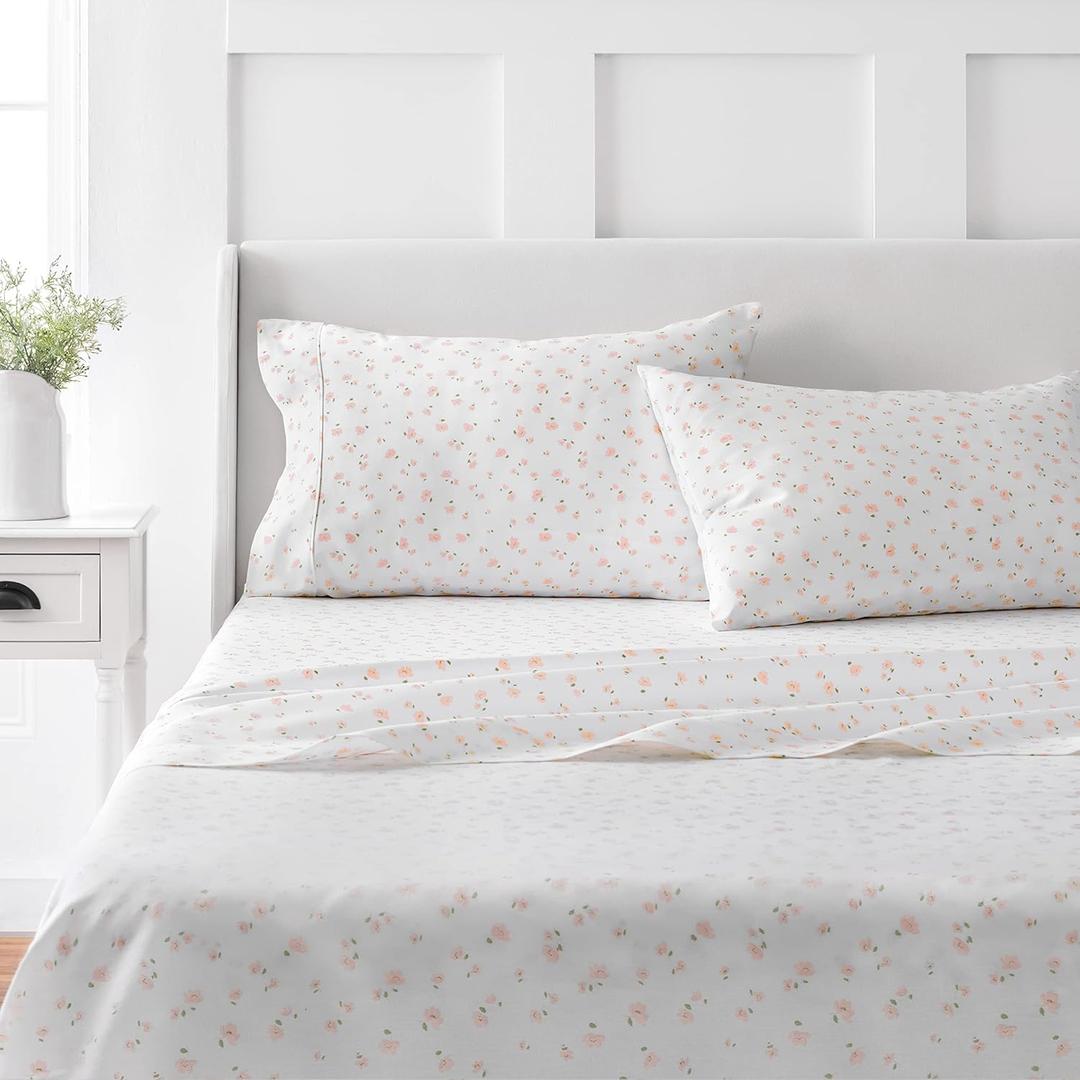 MARTHA STEWART 100% Cotton Queen Sheet Set - 4 Piece, Soft, Smooth, Durable, Easy Care, 16" Deep Pocket Sheet, Bedding Sheets, Sateen Sheet, 1 Flat, 1 Fitted, 2 Pillowcases, Blush (Shea Floral Blush)