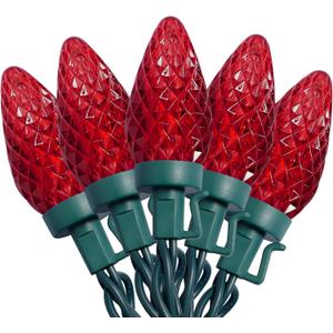 C9 Valentines Lights, 50 LEDs 24.5 FT Christmas Faceted String Lights Connectable Commercial Grade Indoor Outdoor, 120V UL Certified Xmas Strawberry Light Strand for Patio Holiday Parties, Red