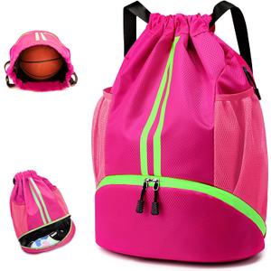 Drawstring Backpack Gym Bag Water Resistant Sports Sackpack with Zipper/Shoe Compartment/Wet Pocket/Mesh Pockets Gym Bag for Women Large Capacity String Bag for Travel Soccer Swim Hiking, Pink