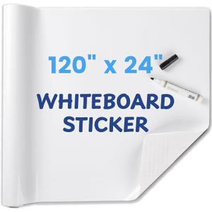Whiteboard Sticker for Wall, 120" x 24" No Ghosting Peel and Stick Dry Erase White Board Roll, Stain-Proof Self-Adhesive Whiteboard Paper for Home, Office, Classroom