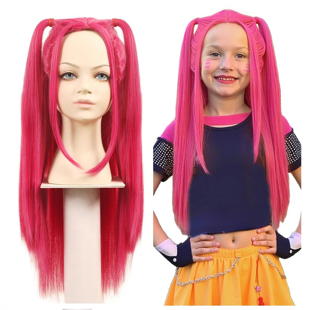 FantaLook Long Straight Hot Pink Cosplay Wig with 2 Ponytails for Women Halloween Party Costume