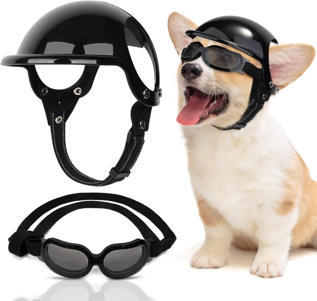 SlowTon Dog Helmet and Goggles - UV Protection Doggy Sunglasses Dog Glasses Pet Motorcycle Helmet Hat with Ear Holes Adjustable Belt Safety Hat for Small Dogs Puppy Riding (Black, S)