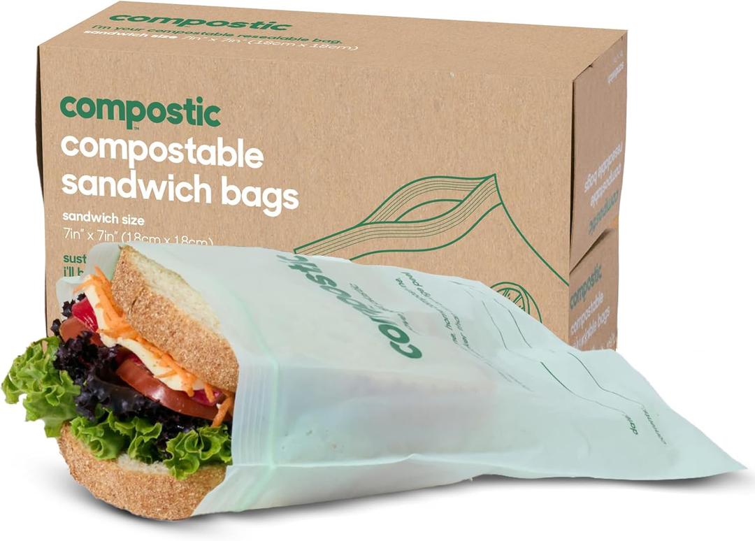 Compostic Home Compostable Resealable Sandwich Bags, Microwave & Freezer Safe, Organic Food Storage Container, 90 Count + 10 Bonus Bags