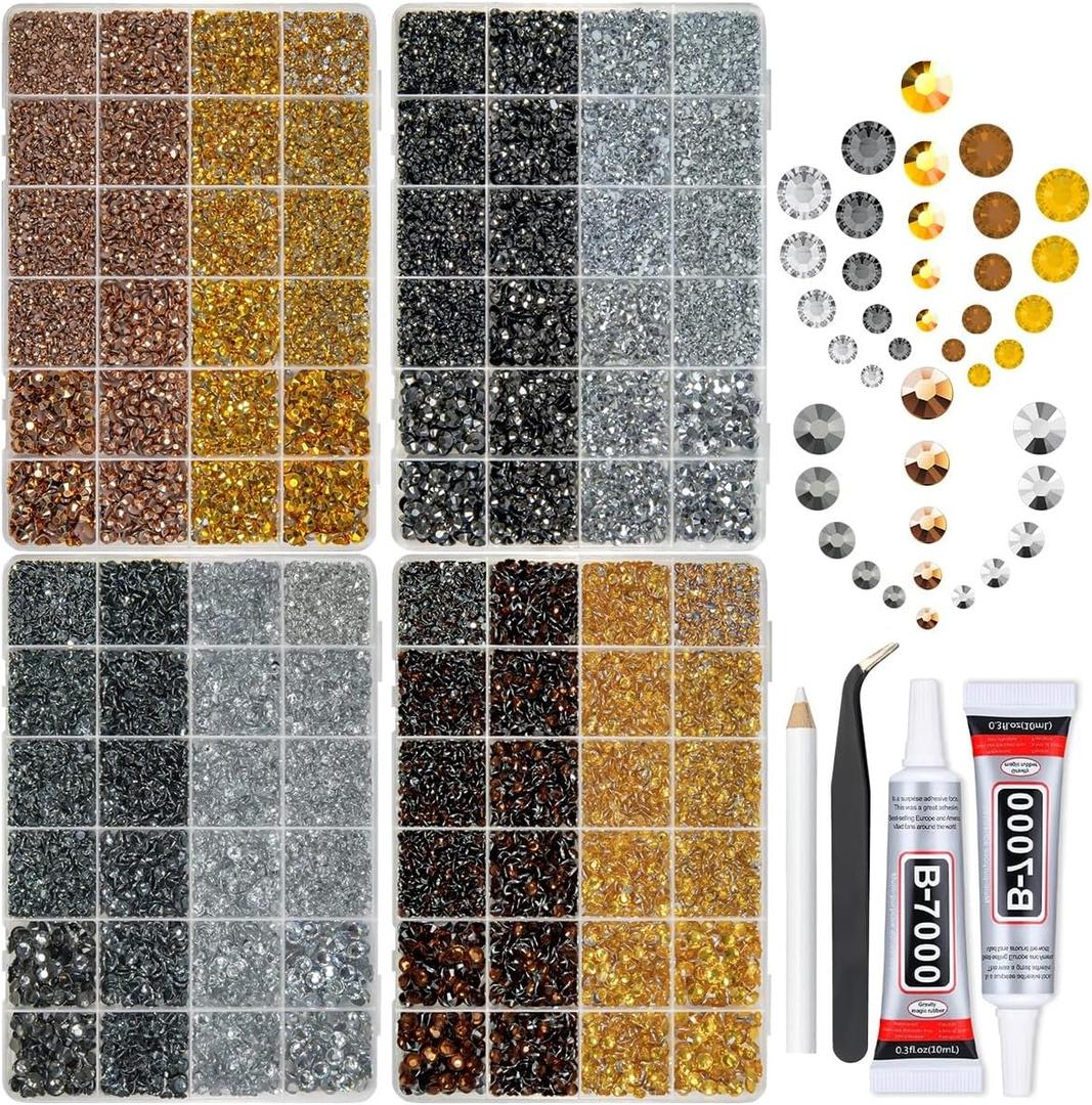qiipii 8 Color 2-6mm Golden Silver Copper Resin Rhinestones w B7000 Jewelry Glue for Bedazzling Crafting Flatback Stones Gems Diamonds for Nails Face Eyes Makeup Tumblers Bottles DIY Crafts Clothes