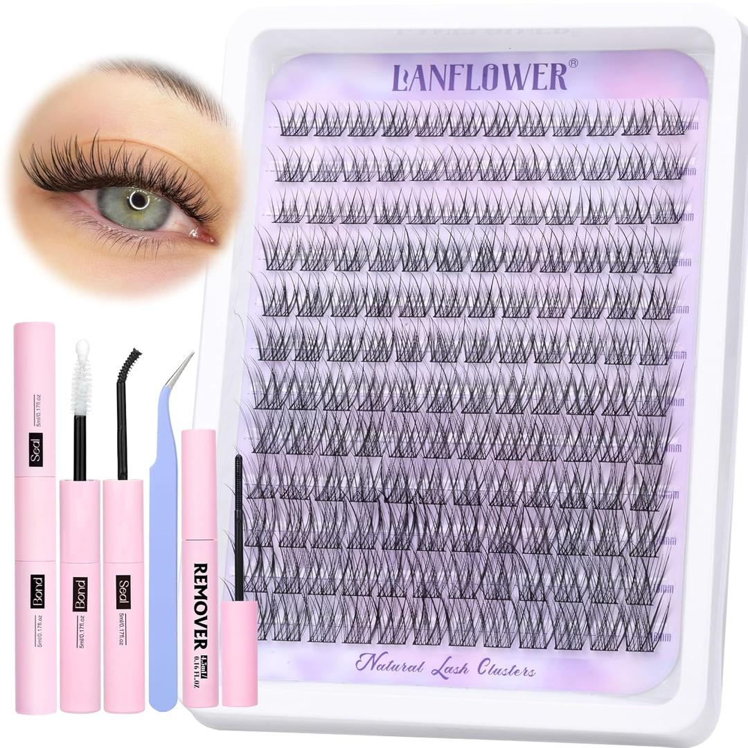 Lash Extension Kit Natural Lash Clusters Kit Wispy Eyelash Extension kit with Lash Bond and Seal and Lash Remover Eyelash Clusters Kit C Curved Individual Lashes by Lanflower