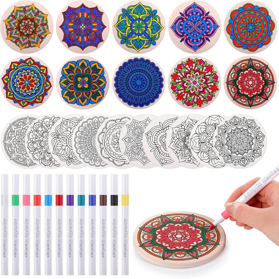 Potchen 10 Pcs Ceramic Coasters for Drinks Color Your Own Coaster Set DIY Absorbent Cup Mat with 12 Markers and Cork Base Gift Arts and Crafts for Coffee Table Apartment Bar Home Decoration (Mandala)