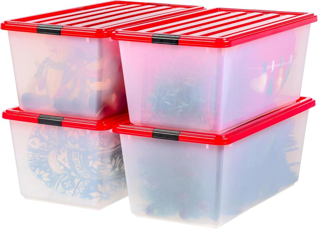 IRIS USA 91 Qt Stackable Plastic Storage Bins with Lids, 4 Pack - BPA-Free, See-Through Organizing Solution, Latches, Durable Nestable Containers, Secure Pull Handle, Made in USA - Clear/Red