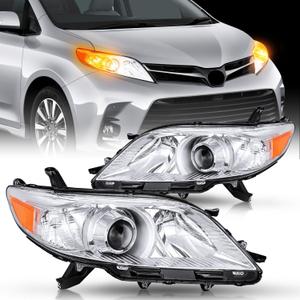 Nilight Headlight Assembly Compatible with 2011 2012 2013 2014 2015 2016 2017 2018 2019 2020 Toyota Sienna Chrome Housing Amber Reflector Clear Lens Headlights Replacement