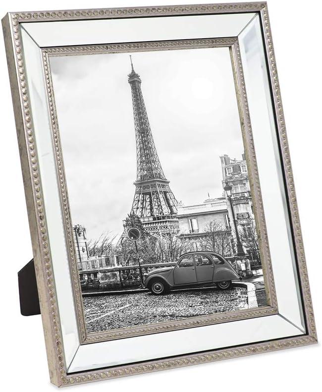Isaac Jacobs 8x10 Champagne Mirror Bead Picture Frame - Classic Mirrored Frame with Dotted Border Made for Wall Display, Tabletop, Photo Gallery and Wall Art (8x10, Champagne)