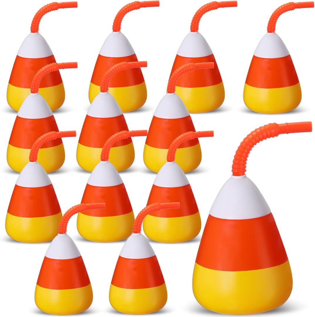 Umigy Halloween Themed Birthday Party Plastic Cups with Lid and Straw 10 oz Reusable Candy Shaped Cup for Halloween Themed Birthday Party Decoration Gifts(12 Pcs)