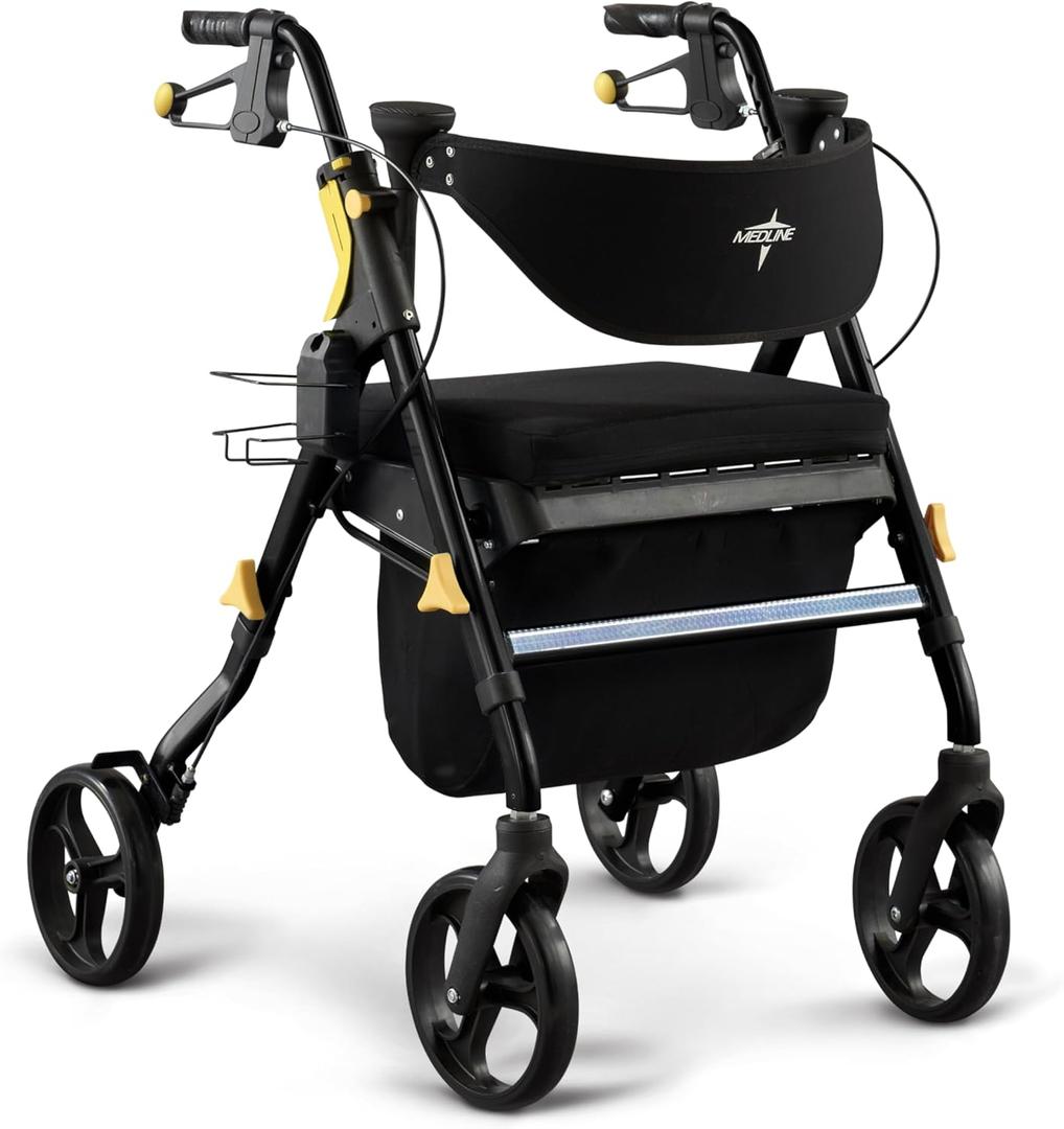Medline Premium Empower Folding Mobility Rollator Walker with Memory Foam Seat, Black, 300 lb. Weight Capacity, 8 Wheels, Cupholder,Rolling Walker for Mobility Impairment, Adjustable Handles