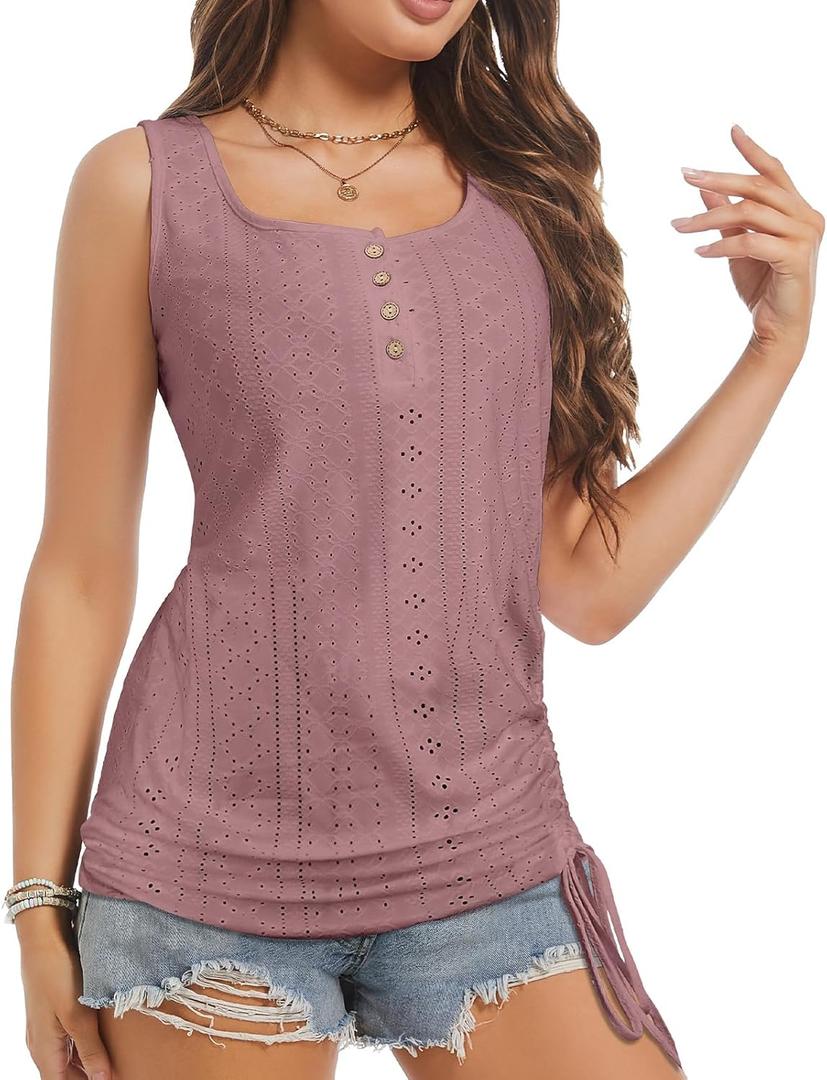 Women's Tank Tops, Summer Tops for Women 2024, U Neck Tank Tops Henley Tank Top Embroidery Sleeveless Stretch Basic Top Shirts, M