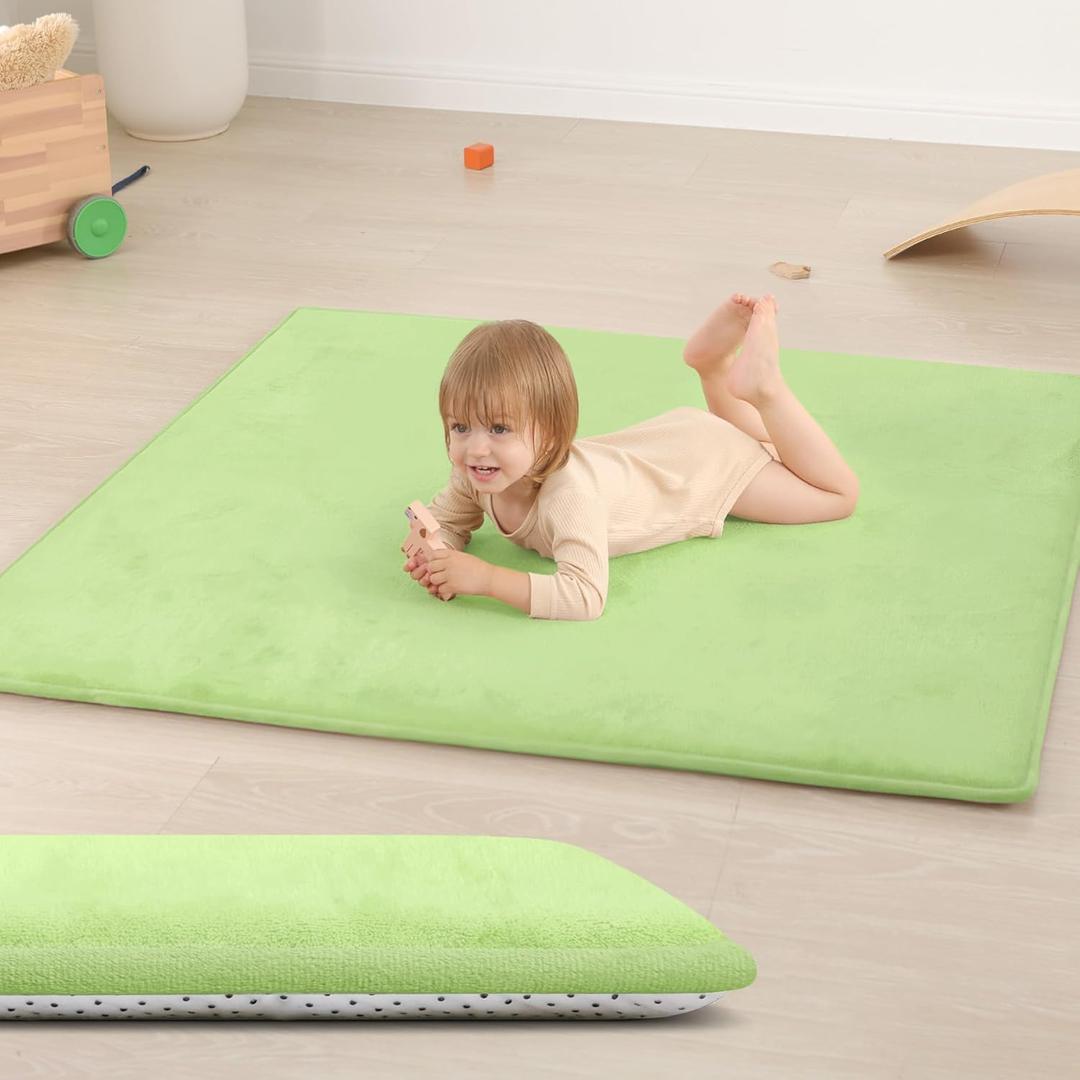 Huloo Sleep Baby Play Mat for Floor,1.3"Thick ElastiFoam 50x50 Playpen Mat for Toddlers Infant kids,WaterRepellent Soft Velvet for Tummy Time,NonSlip Backing for Crawling,Tatami Style(Light Green)