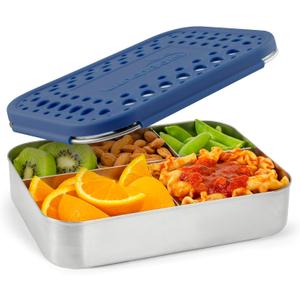 LunchBots Large Cinco Stainless Steel Lunch Container - Five Section Design Holds a Variety of Foods - Metal Bento Box - Dishwasher Safe - Stainless Lid - Blue Dots
