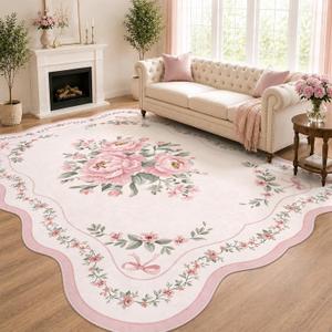 Scalloped Pink Floral Rug for Living Room, 8x10 Washable Non-Slip Area Rug for Bedroom Girls, Large Soft Low Pile Carpet for Nursery, Playroom, Dorm or Kids Room