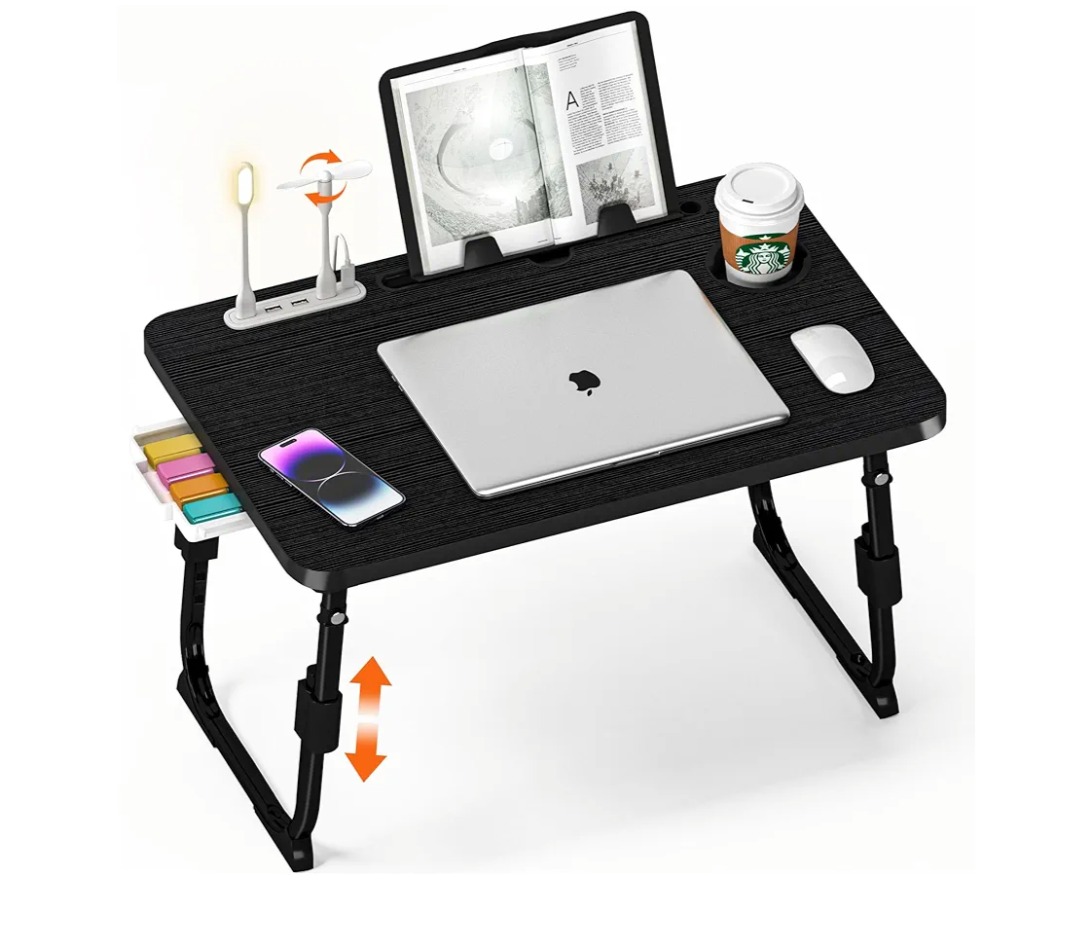 Laptop Desk for Bed Height Adjustable, Lap Bed Table with USB/Storage Drawer/Cup Holder/Tablet Stand/Book Shelf, Foldable Breakfast Tray Portable for Reading Writing, Sofa & Floor, Black