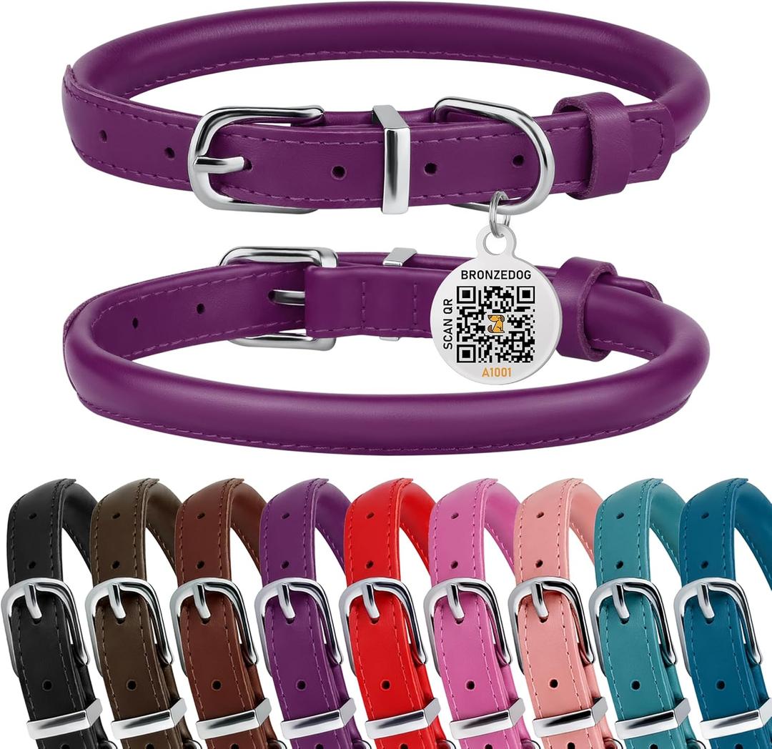 BRONZEDOG Rolled Leather Dog Collar for Small Medium Large Dogs with QR ID Tag (L: 16-18 Inch, Plum)