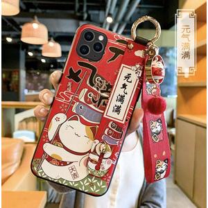 Compatible with iPhone 15 Pro Max Case, 6.7 inch Cute Japanese Lucky Cat Design, Glitter Luxury Soft 3D Phone Case with Wrist Strap, Compatible with iPhone 15 Pro Max (Red)