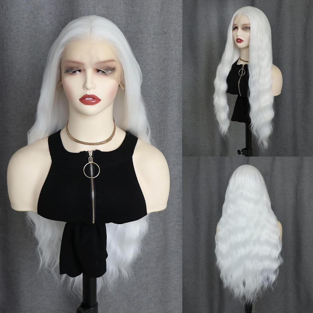White Wavy Synthetic Lace Front Wigs Free Part Loose Wave Heat Resistant Natural Hairline Fiber Hair Glueless Lace Wigs for Women Cosplay Daily Wigs