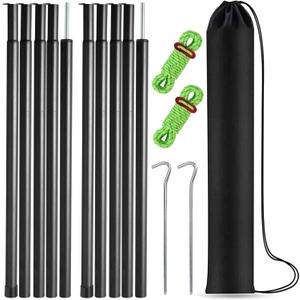 Tent Poles Adjustable Tarp Poles Steel Rods for Tarp Canopy Camping Replacement Set of 2 +Pegs & Reflective Ropes (Black)