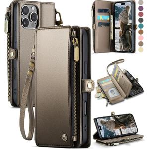 Defencase Compatible with iPhone 16 Pro Max Case Wallet with RFID Blocking Card Holder for Woman Men, PU Leather Magnetic Snap Flip Zipper Strap Phone Case for iPhone 16 Pro Max 6.9", Desert Titanium