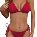 Women's Two Piece Bikini Swimsuit Sexy Ribbed Triangle Top Bathing Suits String Cheeky Bikini Sets (Red), Small