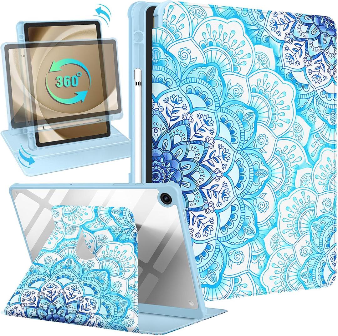 Kidcube for Samsung Galaxy Tab A9 Plus Case 11 Inch for Women Girls Folio Cover with Pencil Holder Cute Unique Design Pretty Rotating Stand Teens for Tab A9+ Plus Tablet Case SM-X210/X216/X218 (7-Blue Mandala)