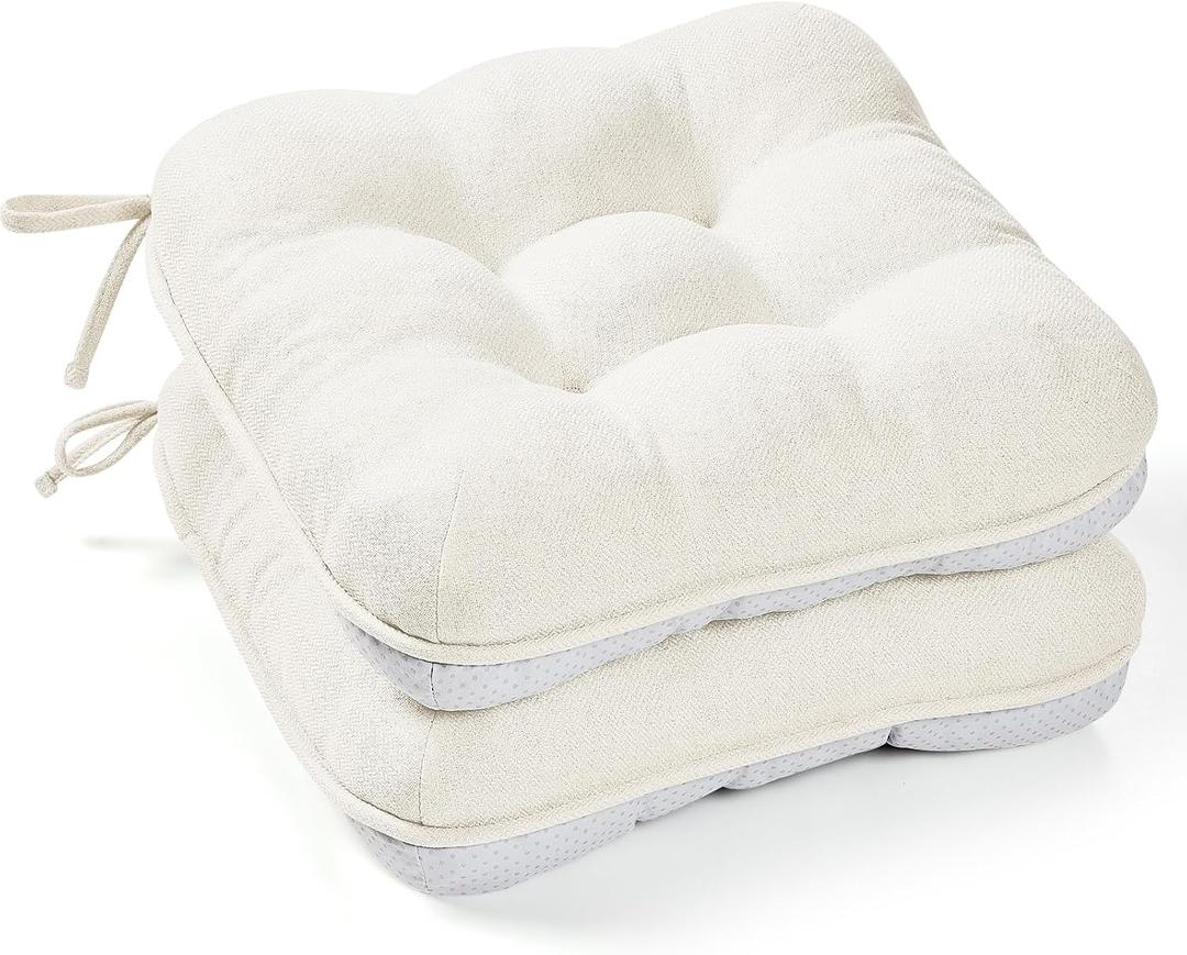 BETU White Chair Cushions for Dining Chairs Set of 2,3.5" Thick Kitchen Table Chair Pads with Ties,Non Slip Backing and Covers, Seat Cushion for Dining Room,Bar,Patio Chairs,15.5"X15.5"X3.5",White