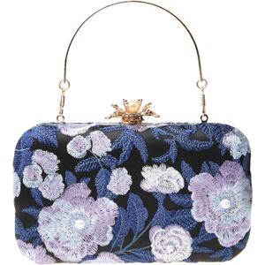 Womens Vintage Floral Embroidery Clutch Evening Handbag Shoulder Bags Purse for Wedding Party Prom (Dark Blue)