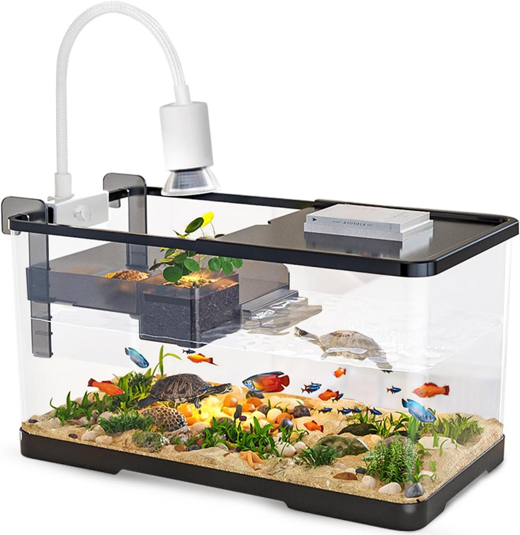 (Tank + Light + Filter + Filter Balls) Turtle Tank Kit, Turtle Tank Starter Kit, Bottom Drainage, Multi-Function Areas for Turtles, Crabs, Fishes, Amphibians, Reptiles (15.75 x 8.64 x 8.64 Inch)