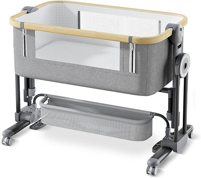 Bedside Crib, 3 in 1 Bassinet with Quick Height Adjustment and Mosquito Nets Rocking Bassinet for Baby, Bedside Bassinet with Wheels, Easy to Fold, Golden Triangle Structure, Grey