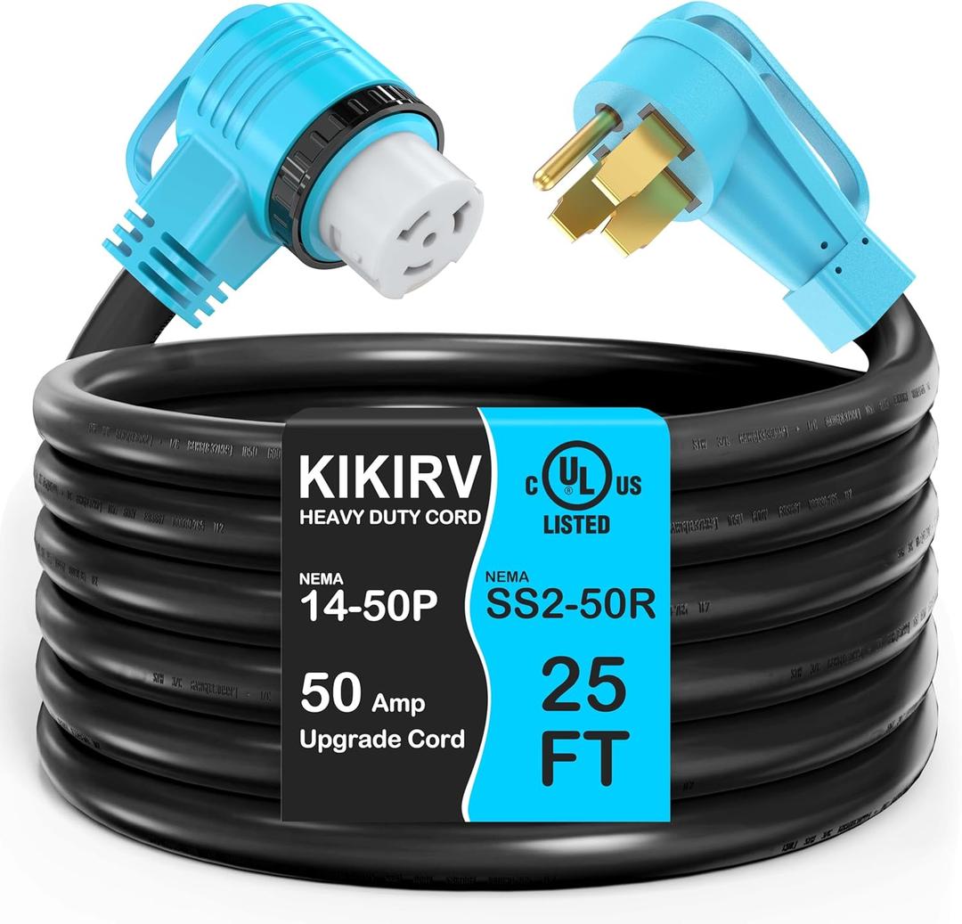 25 Feet 50 Amp RV/Generator Cord, UL Listed, 100% Copper Wire, Newly Designed 90Grip Handle, NEMA 14-50P to SS2-50R Twist Lock, 6/3+8/1 Gauge STW Wire 25 Feet 50 Amp RV/Generator Cord, UL Listed, 100% Copper Wire, Newly Designed 90Grip Handle, NEMA 14-50P to SS2-50R Twist Lock, 6/3+8/1 Gauge STW Wire