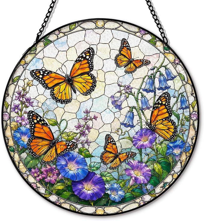 Butterfly Flower Suncatcher Stained Glass Window Hanging, Cottagecore Butterfly Wildflower Sun Catchers Indoor Window Glass Round Wall Decor, Floral Wall Art Hanging Decorations, 7.8x7.8in