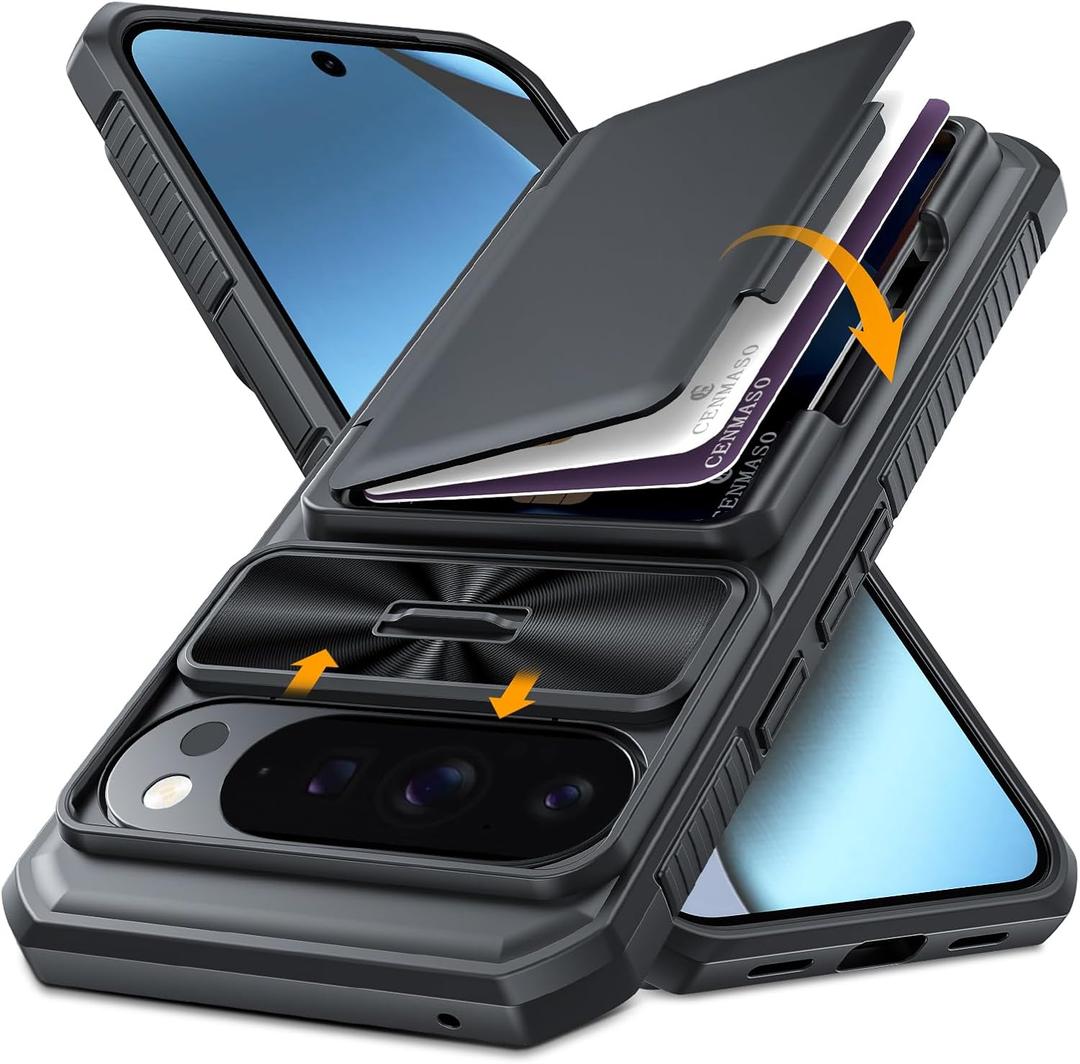 CENMASO for Google Pixel 10 Pro XL Case with Card HolderRFID Blocking& Sliding Camera Cover & Kickstand Full-Body Shockproof Wallet Phone Case for Pixel 10 Pro XL (Black)