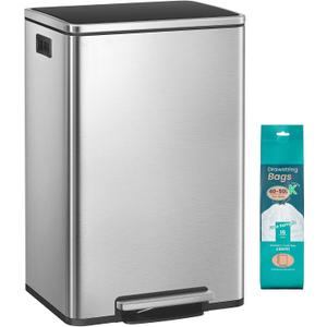 SONGMICS HOME 13-Gallon Trash Can, Stainless Steel Step Garbage Can for Kitchen, Soft Close Lid, Removable Inner Bucket, 15 Trash Bags, 16.6 x 14.9 x 25.7 Inches, 1 Pack, Silver