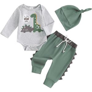 Newborn Infant Baby Boy Outfit Little Brother Romper Infant Letter Print Dinosaur Clothes Drawstring Pants Hat (Gray-Dinosaur, 3-6 Months)