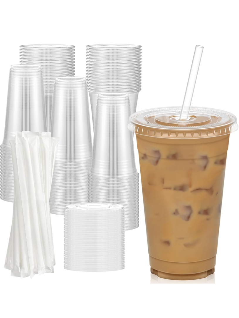 100 Pack - 20 oz Clear Plastic Cups with Lids and Straws, Sturdy & Food Safe Iced Coffee Cups with lids, Disposable Plastic Smoothie Cups for Cold Drinks
