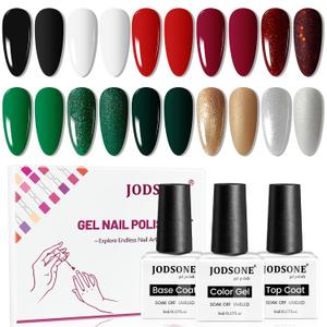 JODSONE Gel Nail Polish Set, 10 Colors Winter Black White Glitter Burgundy Red & Green Silver Gel Polish DIY Salon for Girls Home DIY Gift