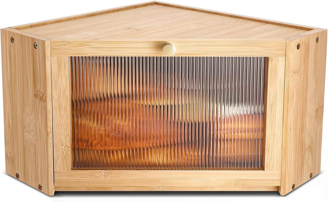 Corner Bread Box for Kitchen Countertop Bamboo Bread Boxes Large Capacity Corner Counter Breadbox Vintage Breads Storage Container with Arcylic Door Breadbox Under Cabinet Mount for Kitchen