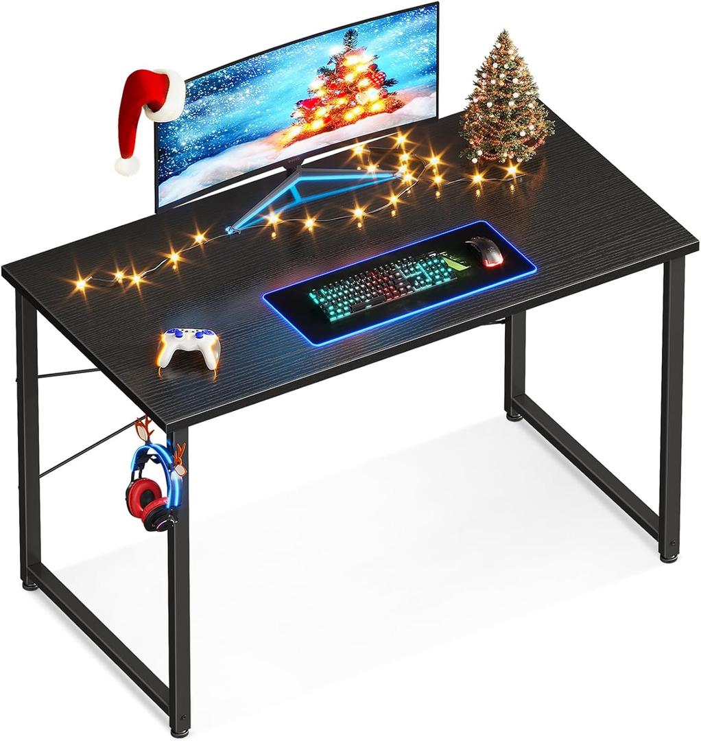 Casaottima 40 Inch Small Computer Desk for Home Office, Study Writing Table for Small Spaces, Simple Modern Desk with Headphone Hooks, Black